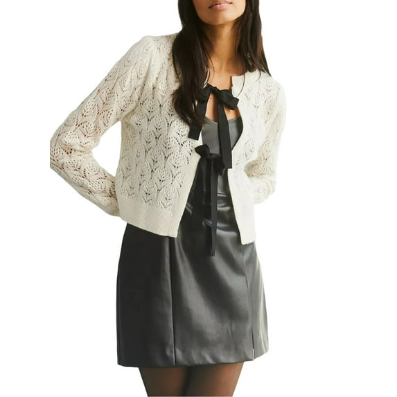 Biezeib Women's Spring Autumn Knit Coat Long Sleeve Crewneck Tie Front Crochet Knitwears