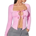 thumbnail image 1 of Biezeib Women's Spring Summer Fitted Tops Long Sleeve Low Cut Front Bow Tie Up Open Front T-shirt, 1 of 6