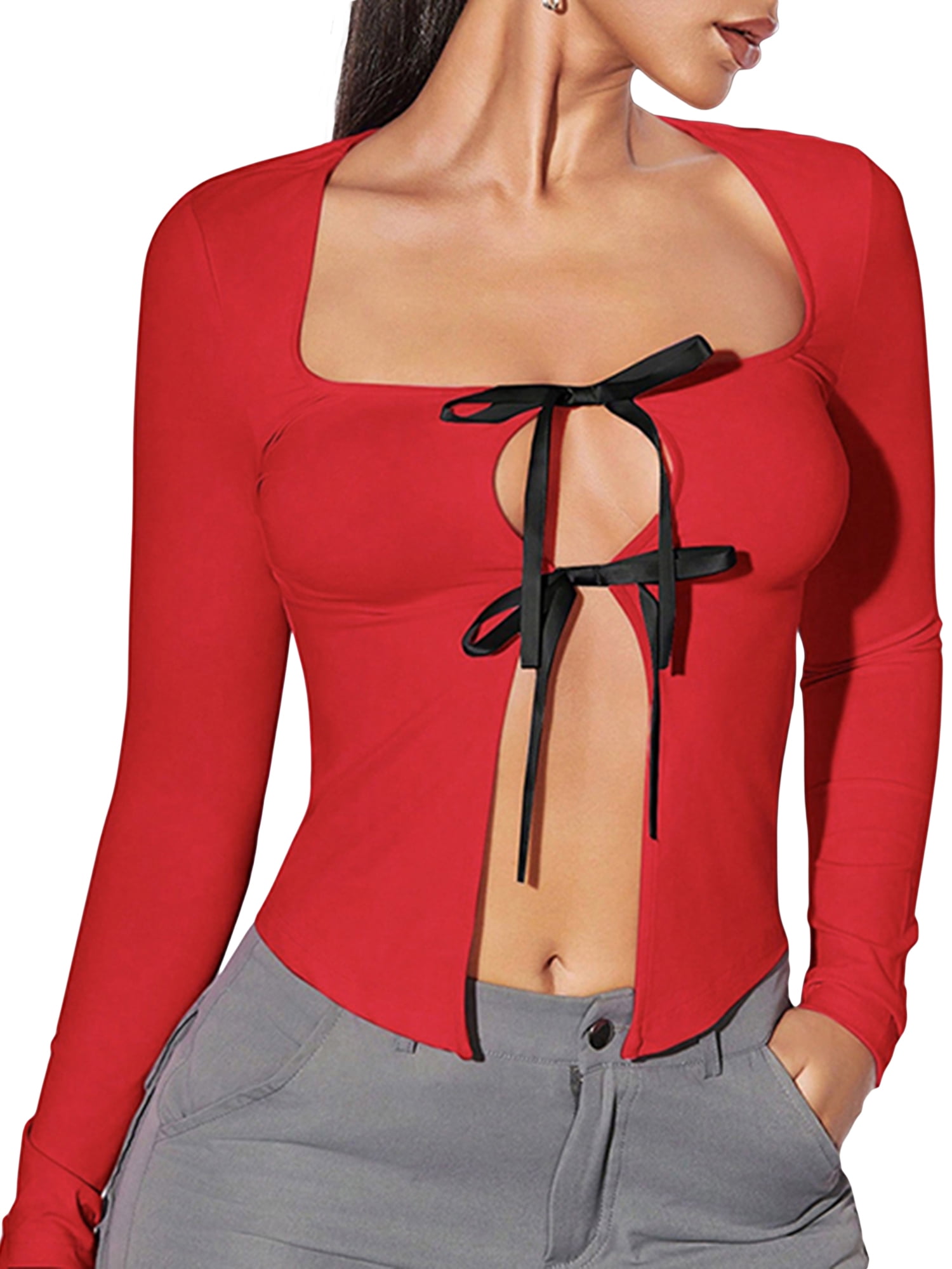 Biezeib Women's Spring Summer Fitted Tops Long Sleeve Low
