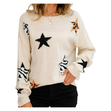 Biezeib Women's Star Print Sweaters Casual Long Sleeve Round Neckline Knit Pullover Tops