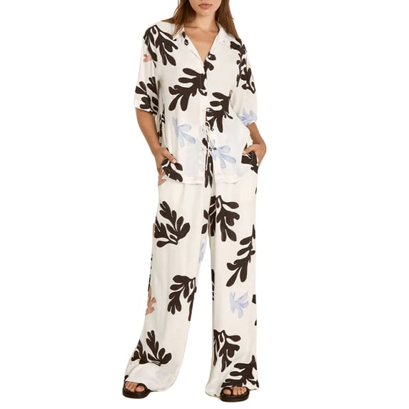 Biezeib Women's Summer 2Pcs Outfits Cartoon Palm Leaf Print Short Sleeves Lapel Tops with Drawstring Pants Set