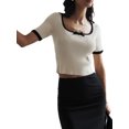 thumbnail image 1 of Biezeib Women's Summer Knit Crop Tops Short Sleeve Square Neck Bow Decor Ribbed T-shirts, 1 of 6
