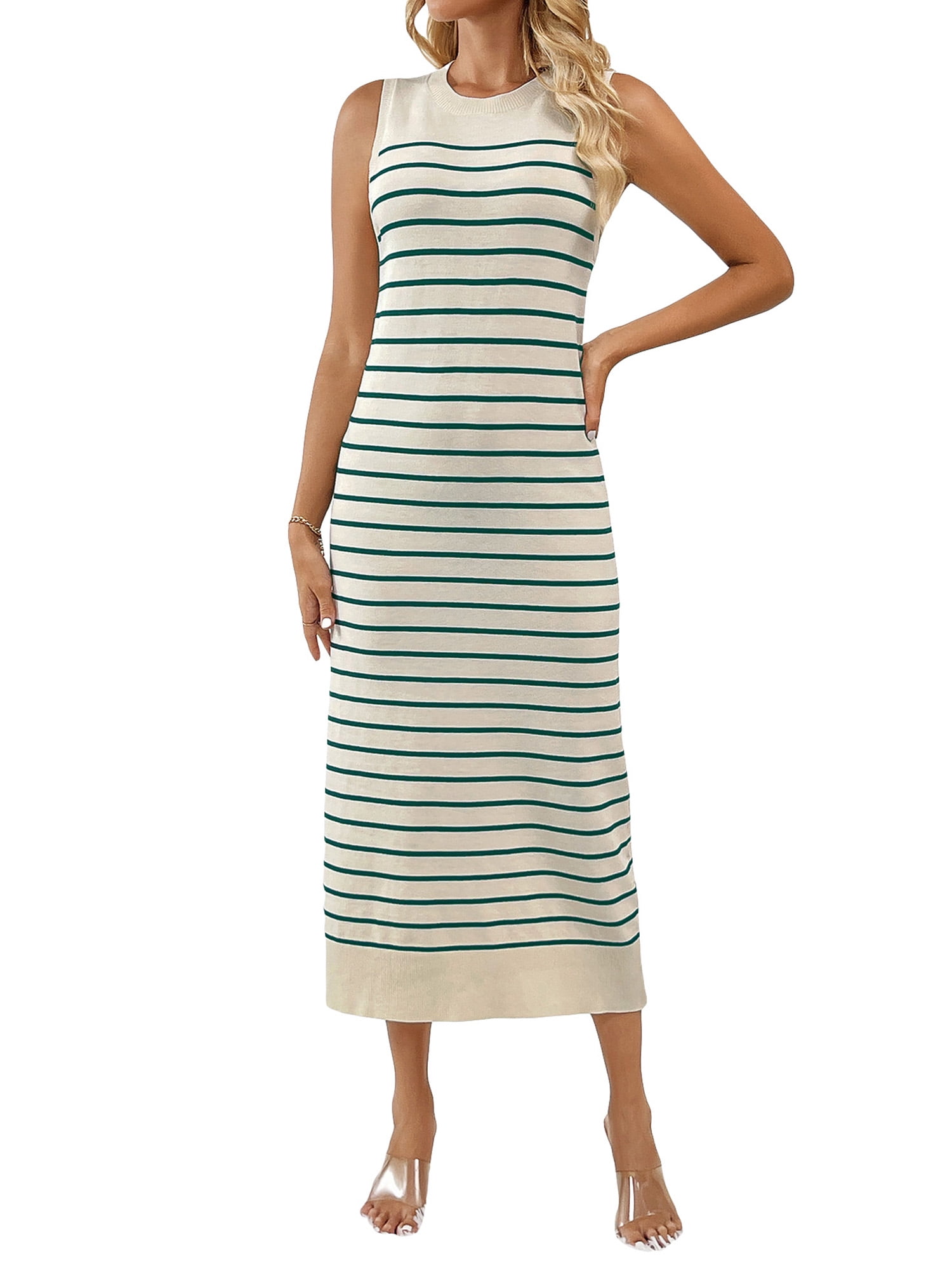 Sleeveless tight round neck knitted solid color beach long dress