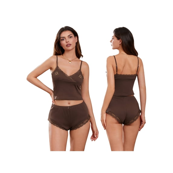 Biezeib Women's Summer Lounge Outfits Lace Trim Cami Tops with Elastic Waist Shorts Set Sleepwear