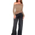 thumbnail image 1 of Biezeib Women's Summer Off Shoulder Tops Sheer Lace Patchwork Long Sleeve Asymmetric Hem Slim Crop T-Shirts, 1 of 6