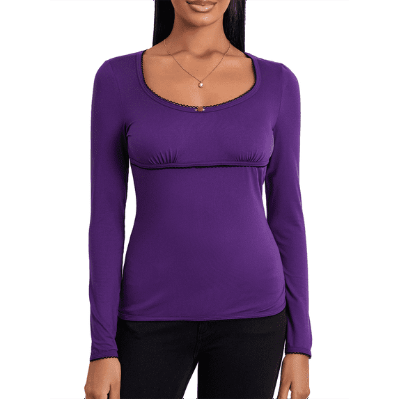 Biezeib Women's Summer Slim Basic Tops Solid Color T-Shirt Long Sleeve Scoop Neck Casual Blouse