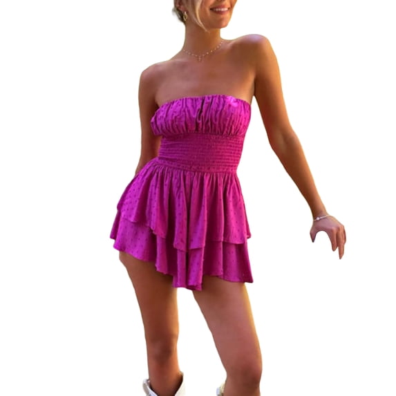 Biezeib Women's Summer Tube Dress Strapless Swiss Dots Solid Color Tiered Hem Short Dress Clubwear