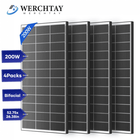 WERCHTAY 800W Bifacial Solar Panel Kit (4 x 200W), High-Efficiency N-Type 18BB Monocrystalline Module, 12V/24V/48V PV Charger for Off-Grid Home, RV, Marine and Cabin