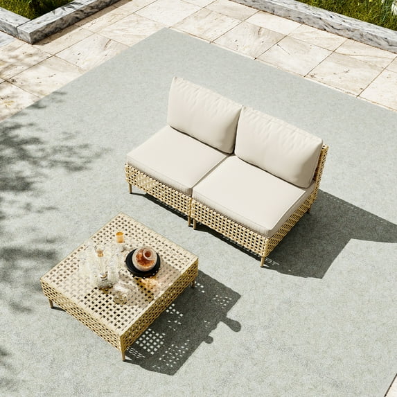 Bifanuo 3-Piece Wicker Outdoor Sectional Sofa, Patio Furniture Set, with Beige Fluffy Cushions and Coffee Table
