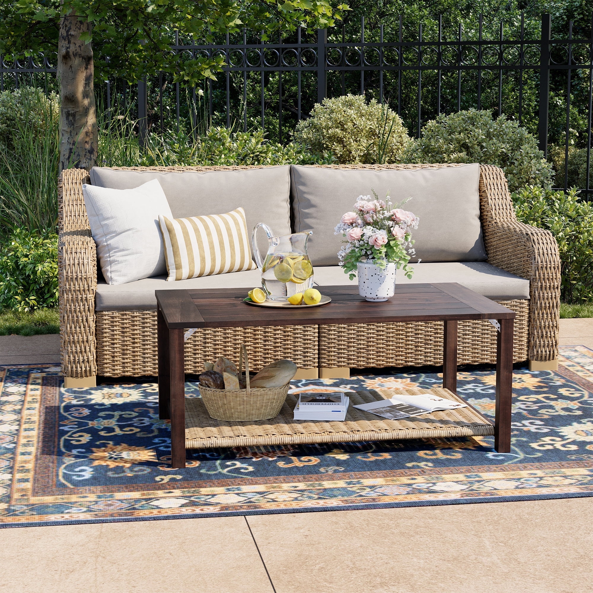 Bifanuo 3-Pieces Outdoor Patio Furniture Set, Wicker Loveseat and Coffee Table Set, with Grey Cushions and Natural Wicker