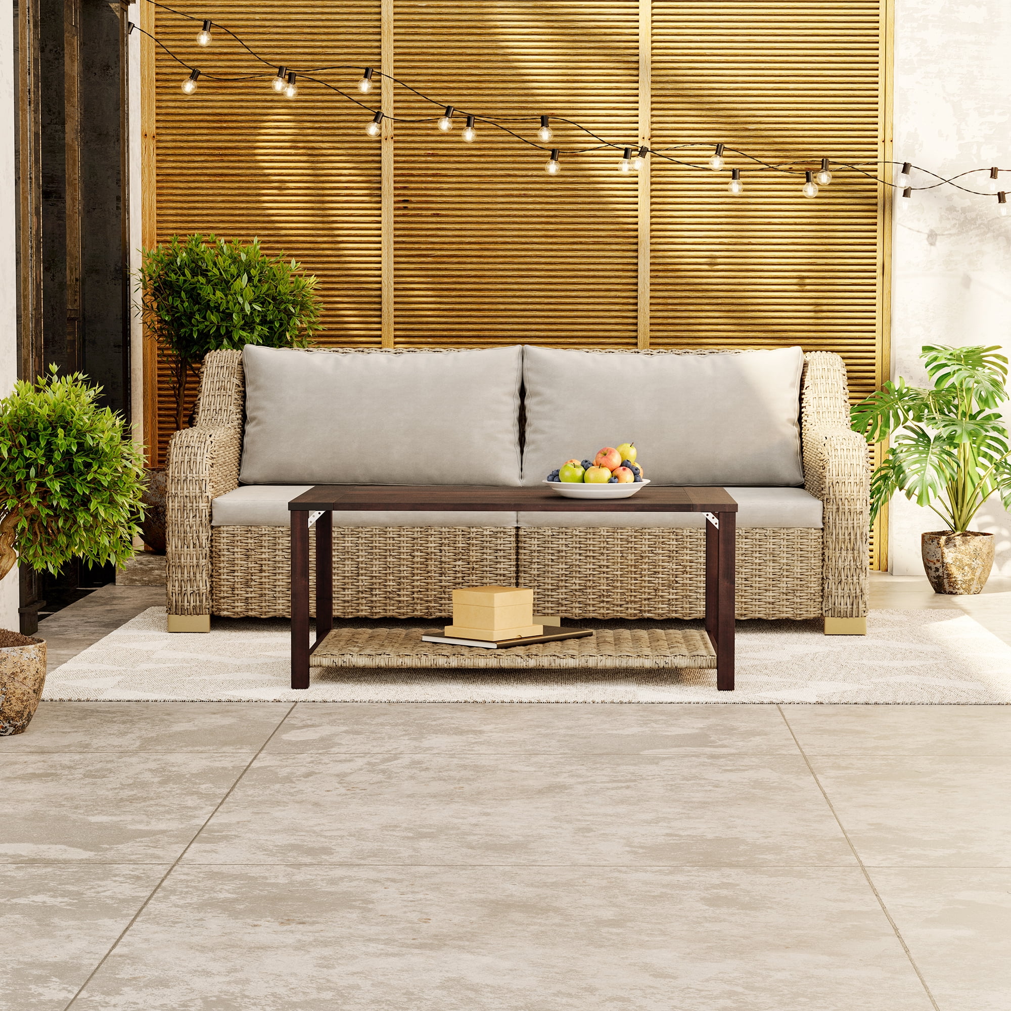Bifanuo 3-Piece Outdoor Patio Set, Wicker Loveseat with Grey Cushions & Coffee Table, Natural Weave Design