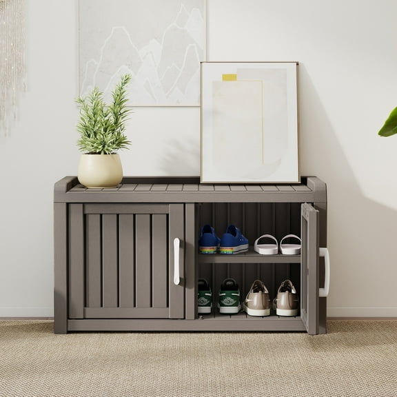 Bifanuo 31.7" Shoe Storage Cabinet with Waterproof UV-Resistant, Entryway Shoe Cabinet with 2 Doors, Ooutdoor Shoe Cabinet, for Entryway, Bedroom, Hallway,Living Room, Grey