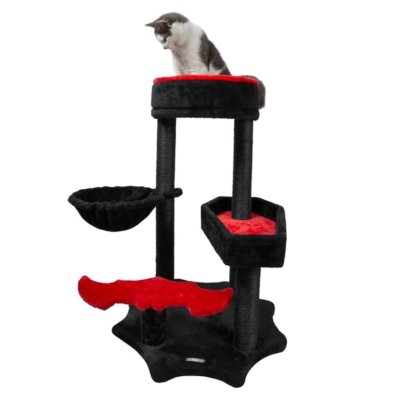 LHBCraft 34.2" Gothic Cat Tree with Sisal Scratching Posts, Bat-shaped Treads, Hammock, Halloween Cat Furniture, Black