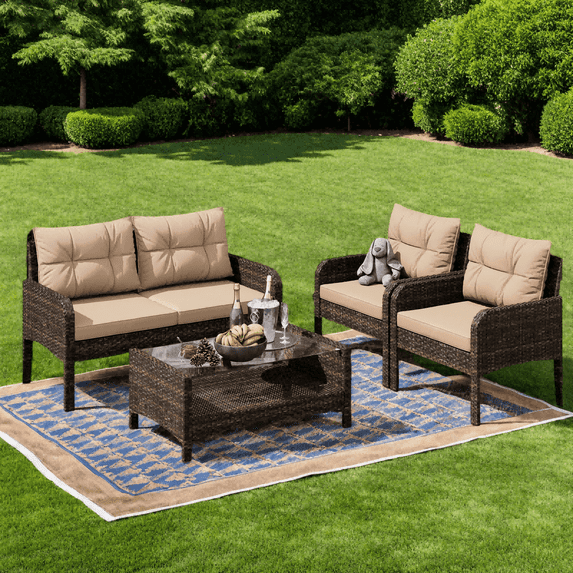 LHBCraft 4-Piece Patio Furniture Set Outdoor Rattan Wicker Sofa Set with Cushions & Coffee Table, Conversation Sofa Set with Tempered Glass Table Top and Storage Shelf