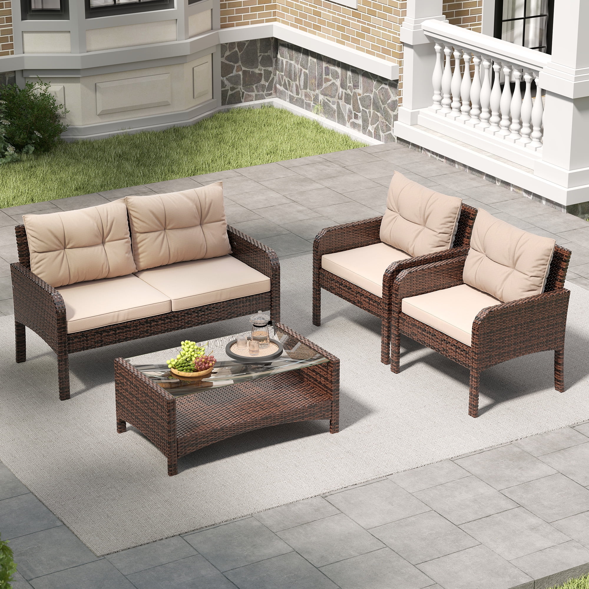 Walmart sales :  Bifanuo 4-Piece Patio Furniture Set Outdoor Rattan Wicker Sofa Set with Cushions & Coffee Table, Conversation Sofa Set with Tempered Glass Table Top and Storage Shelf