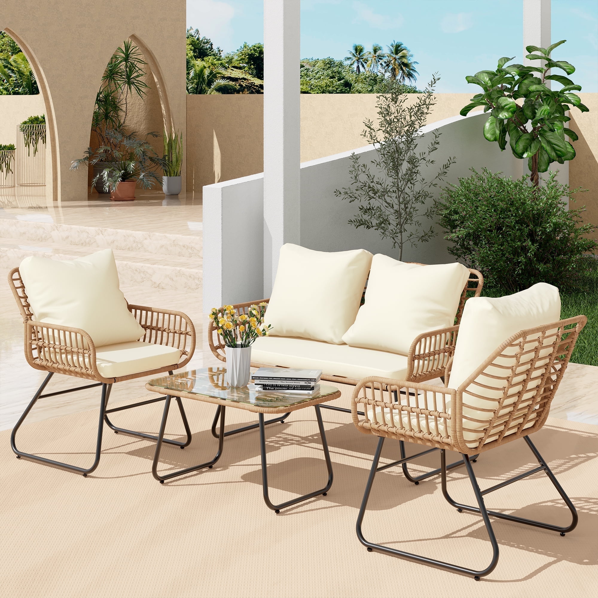 Bifanuo 4-Piece All-Weather Patio Set: Rattan Loveseat, Chairs, and Metal Table