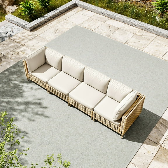 Bifanuo 4-Piece Wicker Outdoor Sectional Sofa, Patio Furniture Set, with Beige Fluffy Cushions (without Coffee Table)