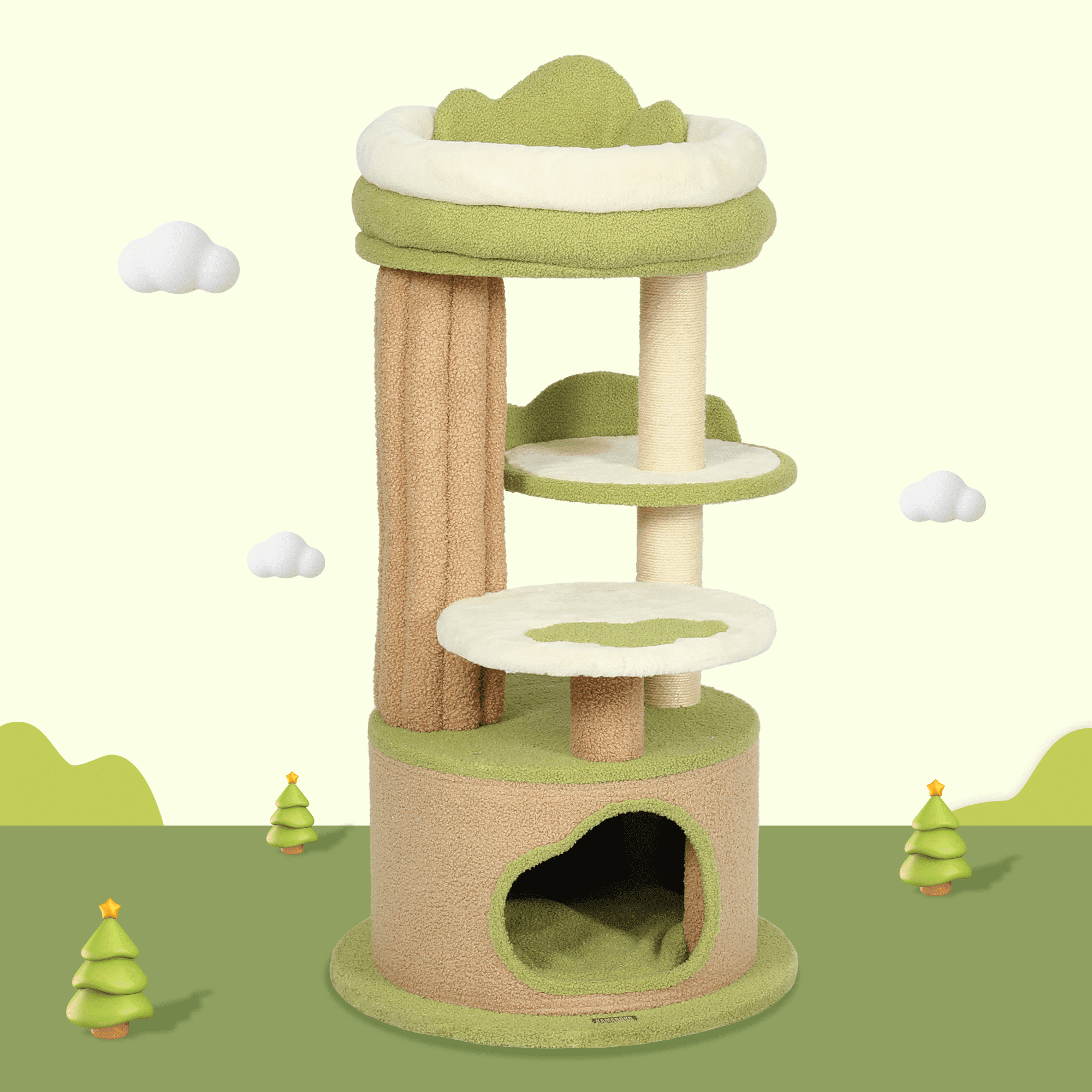 LHBCraft 42.5" Green Cat Tree with Aesthetic,Teddy Fleece, Velcro Cat Condo, Unique Cat Furniture for Small Space