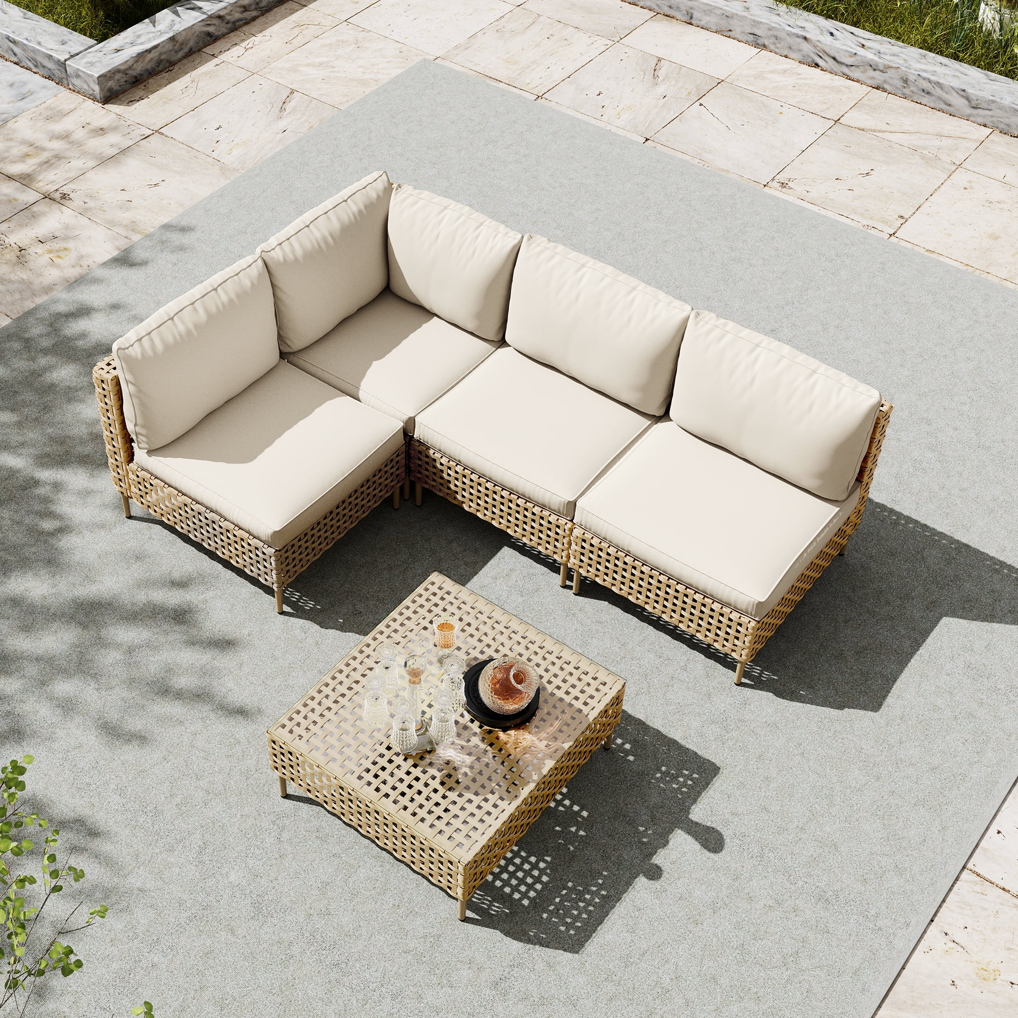 Walmart Deal of Bifanuo 5-Piece Wicker Outdoor Sectional Sofa, Patio Furniture Set, with Beige Fluffy Cushions and Coffee Table