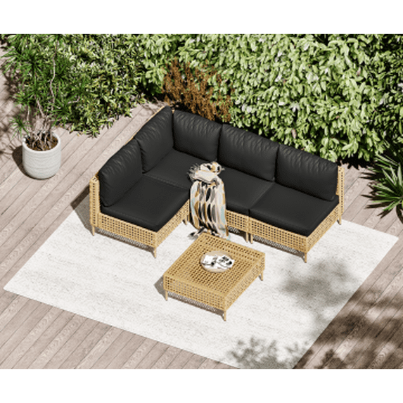 Bifanuo 5-Piece Wicker Outdoor Sectional Sofa, Patio Furniture Set, with Black Fluffy Cushions and Coffee Table