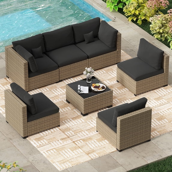 LHBcraft 7-Piece Outdoor Patio Furniture Set, All-Weather PE Rattan Sectional Sofa with Cushions and Coffee Table(YE-BK)