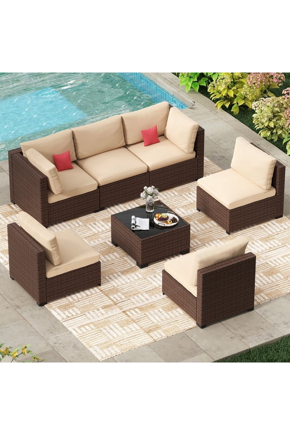 7-Piece Outdoor Patio Furniture Set, All-Weather PE Rattan Sectional Sofa with Cushions and Coffee Table