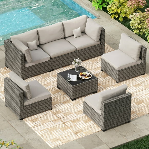 Bifanuo 7 Piece Patio Furniture Set, Outdoor Furniture Patio Sectional Sofa, All Weather PE Rattan Outdoor Sectional with Cushion and Coffee Table.