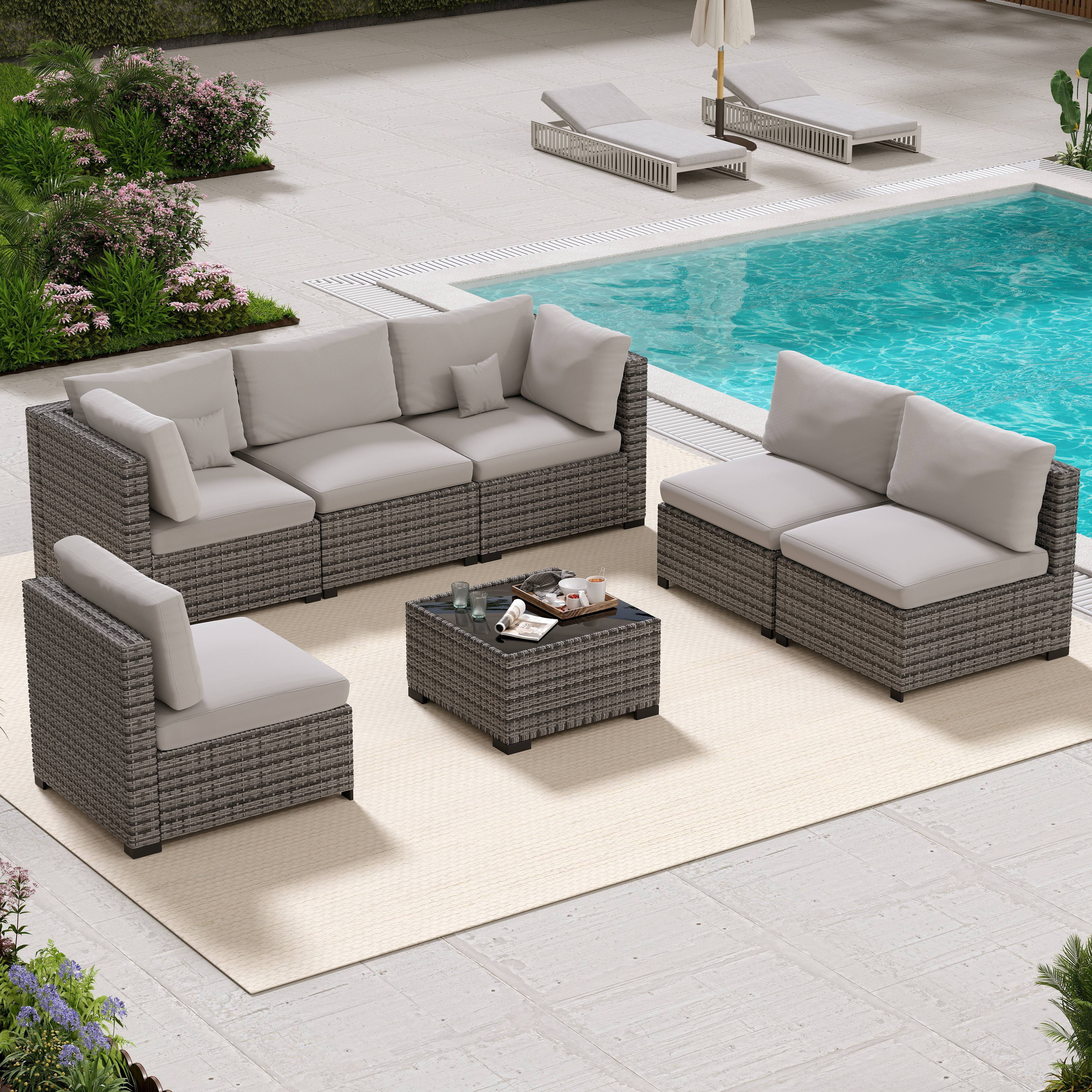 Walmart promo code:  7-Piece Outdoor Seating Patio Sectional Couch Set with All-Weather PE Rattan, Cushions and Coffee Table