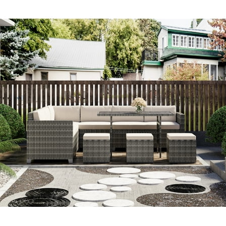 Bifanuo 7 Piece Patio Furniture Set, Outdoor Furniture Patio Sectional Sofa, All Weather PE Rattan Outdoor Sectional with Beige Cushions and Table, Black Wicker