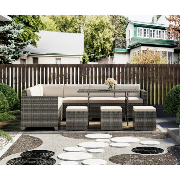 Bifanuo 7 Piece Patio Furniture Set, Outdoor Furniture Patio Sectional Sofa, All Weather PE Rattan Outdoor Sectional with Beige Cushions and Table, Black Wicker
