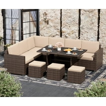 Bifanuo 7 Piece Patio Furniture Set, Outdoor Furniture Patio Sectional Sofa, All Weather PE Rattan Outdoor Sectional with Beige Cushions and Table, Brown Wicker