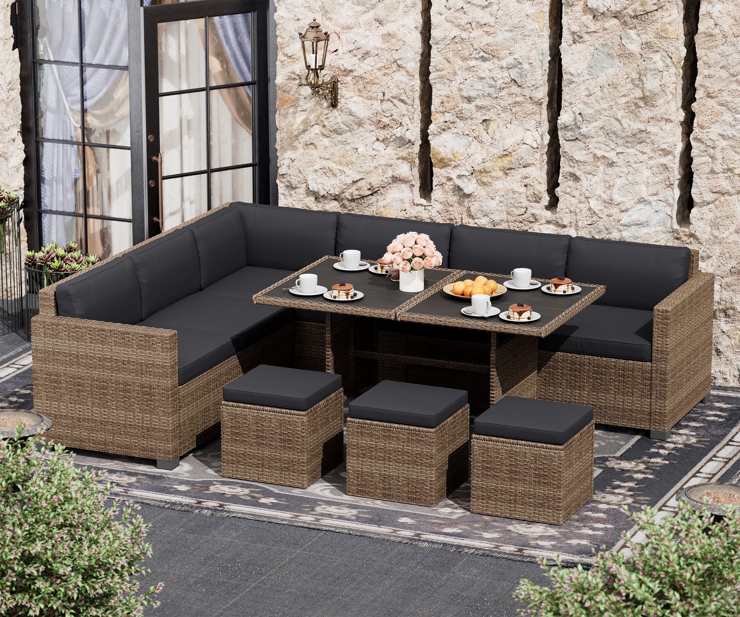 Bifanuo 7 Piece PE Rattan Outdoor Sofa Set with Table and Cushions Weatherproof and Yellow Wicker Walmart
