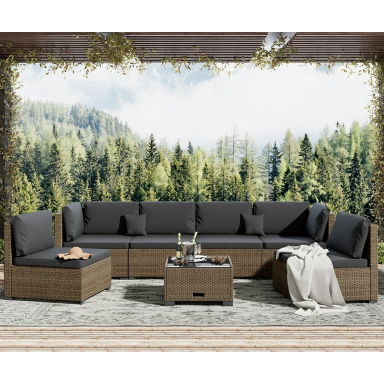 Bifanuo 7 Piece Patio Furniture Set Outdoor Furniture Patio Sectional Sofa All Weather PE Rattan Outdoor Sectional with Black Cushion and Coffee
