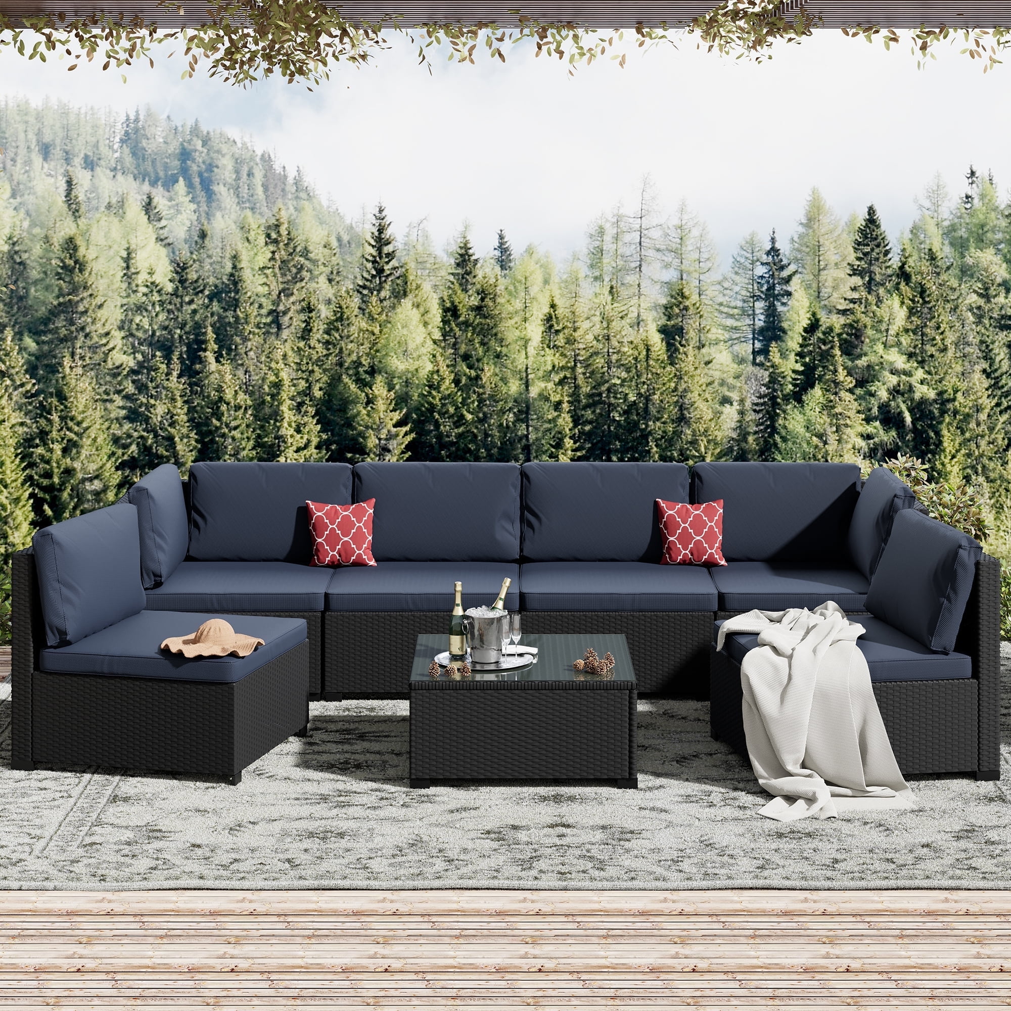 Bifanuo 7 Piece All Weather PE Rattan Patio Furniture Set with Blue Cushions and Coffee Table Walmart