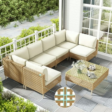 Bifanuo 7-Piece Wicker Patio Furniture Set, Boho Outdoor Conversation Set Sectional Sofa with Water Resistant Thick Cushions and Coffee Table