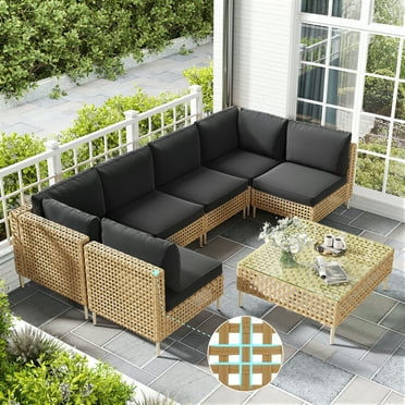 Bifanuo 7-Piece Wicker Patio Furniture Set, Boho Outdoor Conversation Set Sectional Sofa with Water Resistant Thick Cushions and Coffee Table