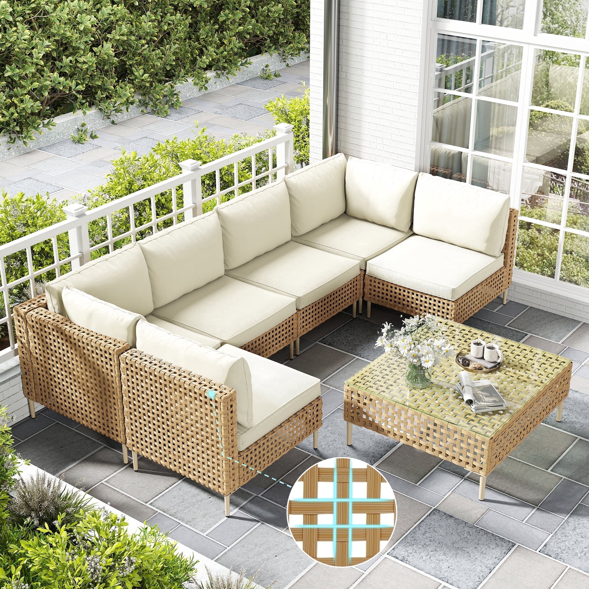 LHBcraft 7-Piece Wicker Patio Furniture Set, Boho Outdoor Conversation Set Sectional Sofa with Water Resistant Thick Cushions and Coffee Table