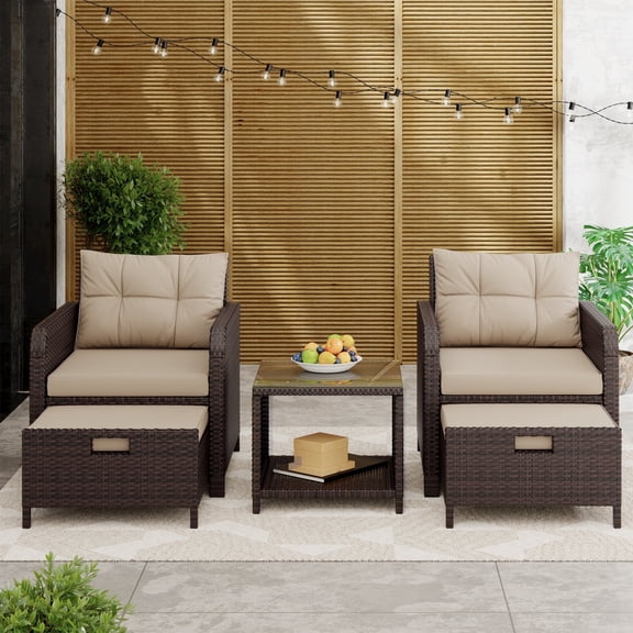 LHBcraft Balcony Furniture 5 Piece Patio Conversation Set, PE Wicker Rattan Outdoor Lounge Chairs with Soft Cushions 2 Ottoman&Glass Table for Porch, Lawn-Brown Wicker (Brown)