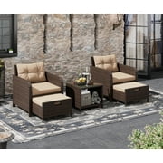 Bifanuo Balcony Furniture 5 Piece Patio Conversation Set, PE Wicker Rattan Outdoor Lounge Chairs with Soft Cushions 2 Ottoman&Glass Table for Porch, Lawn-Brown Wicker (Brown)