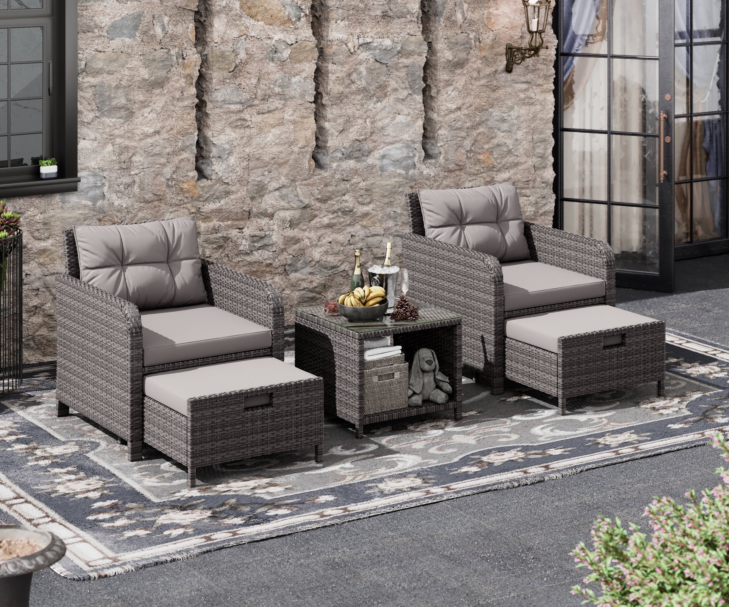 Bifanuo Balcony Furniture 5 Piece Patio Conversation Set PE Wicker Rattan Outdoor Lounge Chairs with Soft Cushions 2 Ottoman Glass Table for Porch