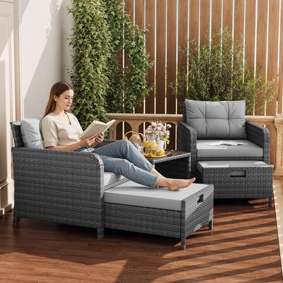 LHBcraft Balcony Furniture 5 Piece Patio Conversation Set, PE Wicker Rattan Outdoor Lounge Chairs with Soft Cushions 2 Ottoman&Glass Table for Porch.
