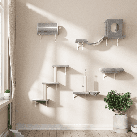 Bifanuo Cat Furniture Set, 7PC Wall Mounted Cat Furniture, Cat Climber with Cat House,Tunnel, Bridge, Tree, Steps, Scratcher Board and Hammock,Cat Shelves for Indoor, Luxury Cat Walls-Gray
