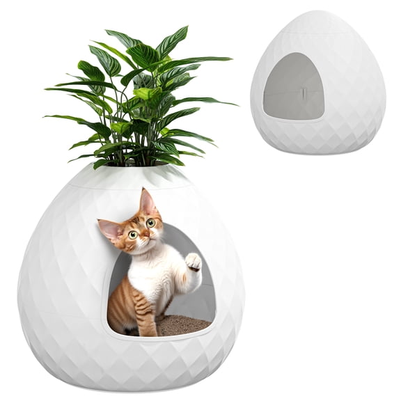 Bifanuo Cat Litter Box Enclosure Hidden Litter Box with Removable Planter Top, Egg-Shaped Resin Design, Tool-Free Quick Assembly,Multi-Functional for Living Room Indoor, White