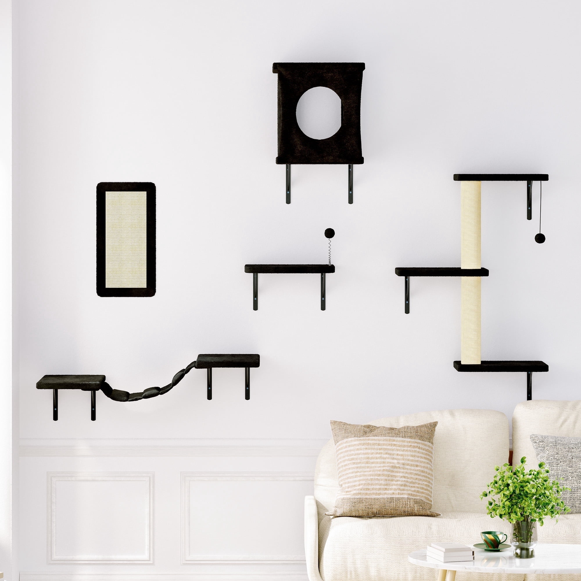 LHBCraft 5Pc Cat Wall Shelves Set, Black Wall-Mounted Cat Climber with Bridge & Perch