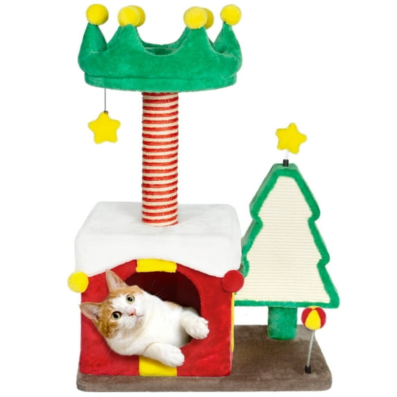 LHBCraft Christmas Cat Tree, 33.5" Multi-Level Cat Tower with Cat Condos, Top Perches, Sisal Ramp Scratching Posts, Cozy Basket, Hammocks, Large Cat Pet Activity Structure