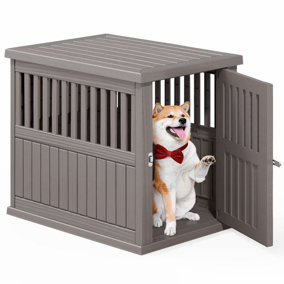 Bifanuo Dog Crate, Decorative Plastic Kennel with Locking Latch for Small to Medium Breeds, Indoor, Grey