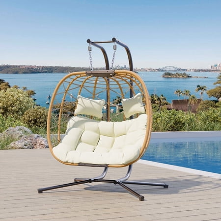 Bifanuo Double Wicker Swing Egg Chair Hammock Foldable Hanging Loveseat with Stand, UV Resistant Removable Cushions, 600LBS Capacity for Bedroom, Balcony