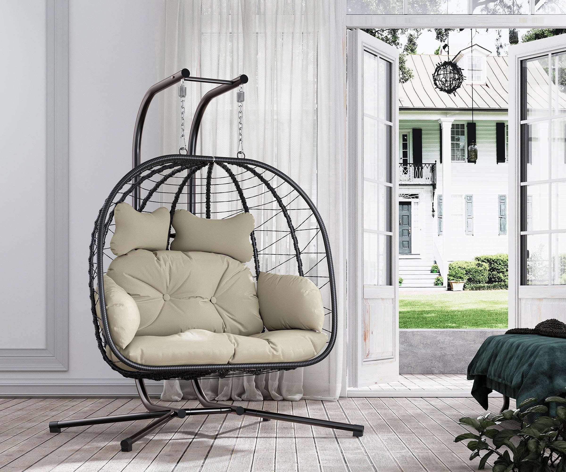 LHBcraft Double Wicker Swing Egg Chair Hammock Foldable Hanging Loveseat with Stand, UV Resistant Removable Cushions, 700LBS Capacity for Bedroom, Balcony (Black and Beige)