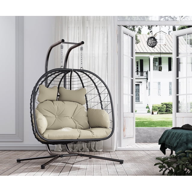 LHBcraft Double Wicker Swing Egg Chair Hammock Foldable Hanging Loveseat with Stand, UV Resistant Removable Cushions, 700LBS Capacity for Bedroom, Balcony (Black and Beige)