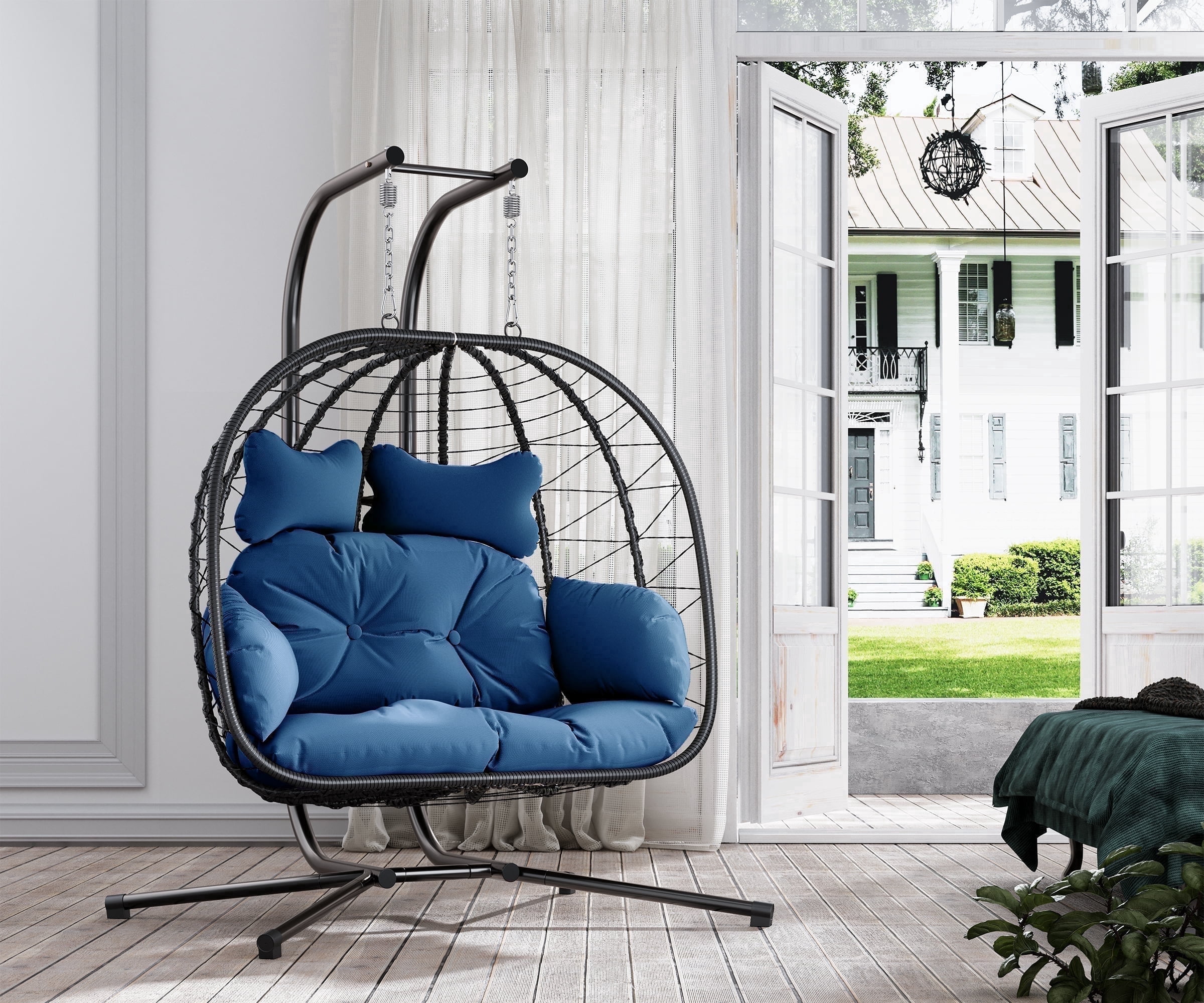 LHBcraft Double Wicker Swing Egg Chair Hammock Foldable Hanging Loveseat with Stand, UV Resistant Removable Cushions, 700LBS Capacity for Bedroom, Balcony (Black and Blue)